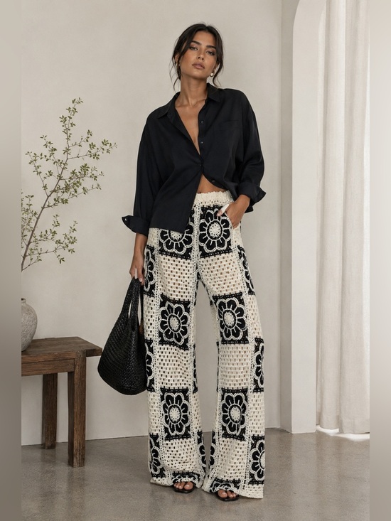 Lulumari Pants - Lulumari Crochet Floral Wide Leg Pants | Size S